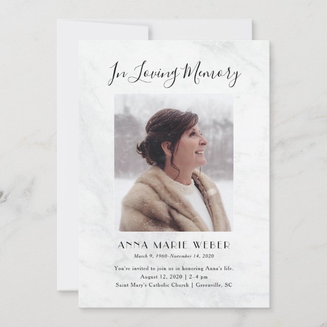 Elegant Marble Memorial Invitation with Photo (Front)