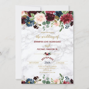 Elegant Marble Merlot Navy Blue Floral Bouquet Invitation