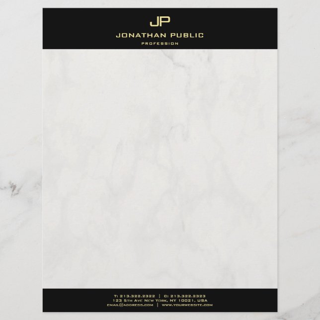 Elegant Marble Modern Black Gold Monogram Template Letterhead (Front)
