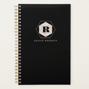 Elegant Marble Monogram Monthly Weekly Black Planner