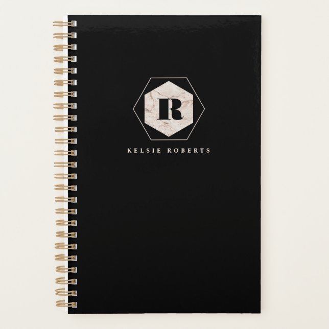 Elegant Marble Monogram Monthly Weekly Black  Planner (Front)