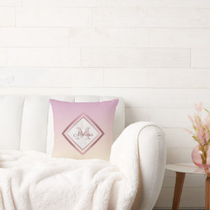 Elegant Marble Pink Gradient Rose Gold Monogram Throw Pillow