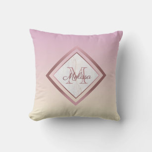 Elegant Marble Pink Gradient Rose Gold Monogram Throw Pillow