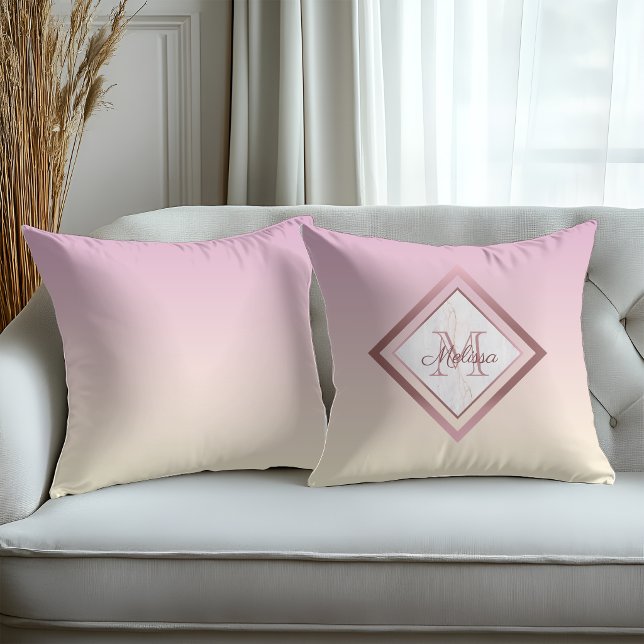 Elegant Marble Pink Gradient Rose Gold Monogram Throw Pillow (Creator Uploaded)