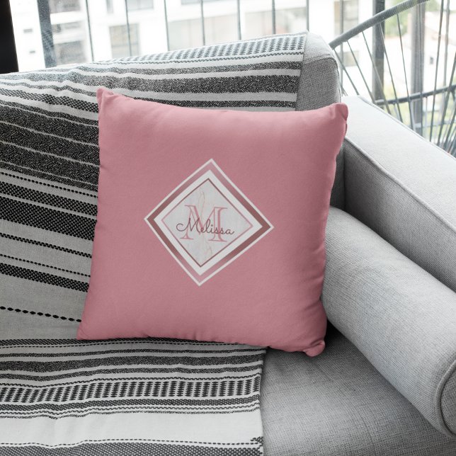 Elegant Marble Pink Rose Gold Monogram Throw Pillow (Creator Uploaded)