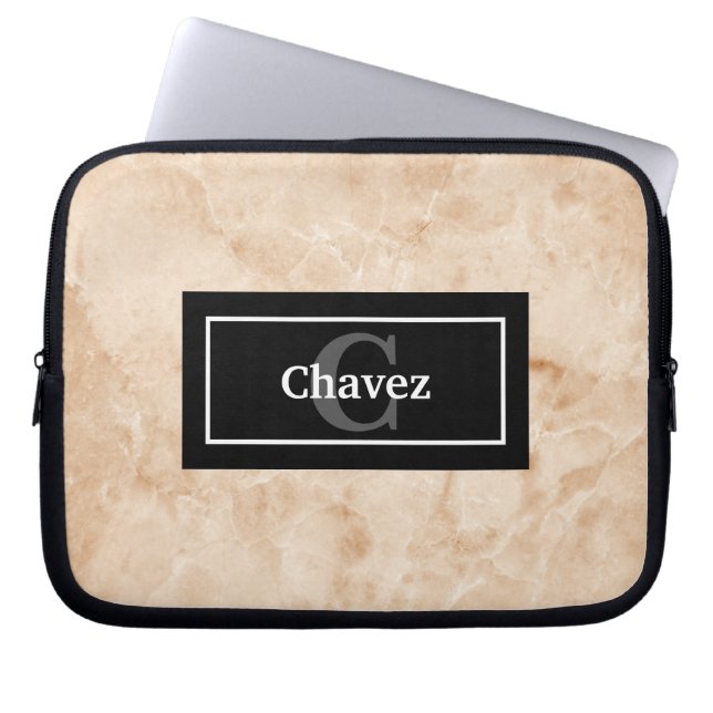 Elegant Marble Rock Texture with Name and Monogram Laptop Sleeve (Front)