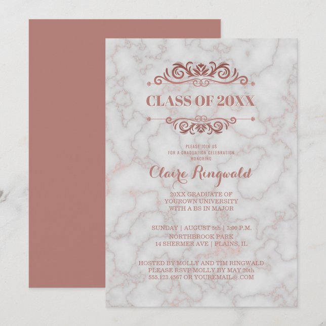 Elegant Marble Rose Gold Class of Graduation Party Invitation (Front/Back)
