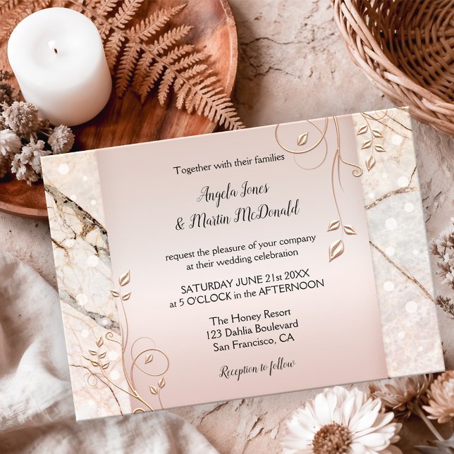 Elegant Marble Rose Gold Floral Wedding Invitation (Wedding invitation featuring rose gold floral swirls on blush pink with marble and light sparkles)