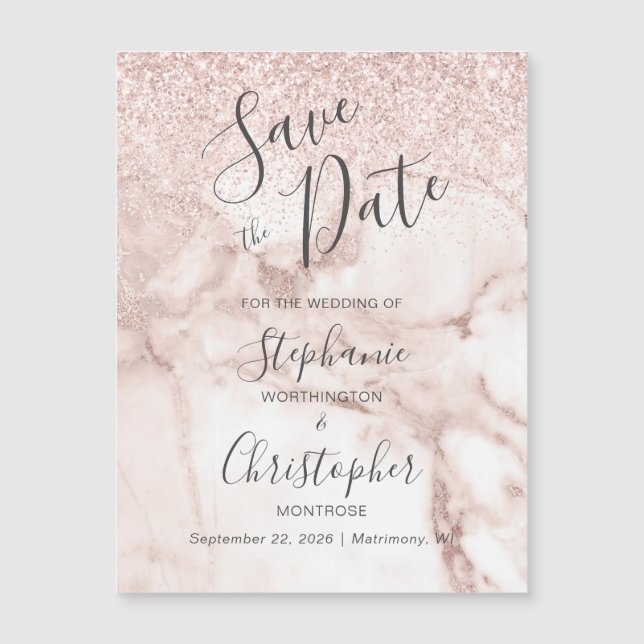Elegant Marble Rose Gold Glitter Save the Date (Front)
