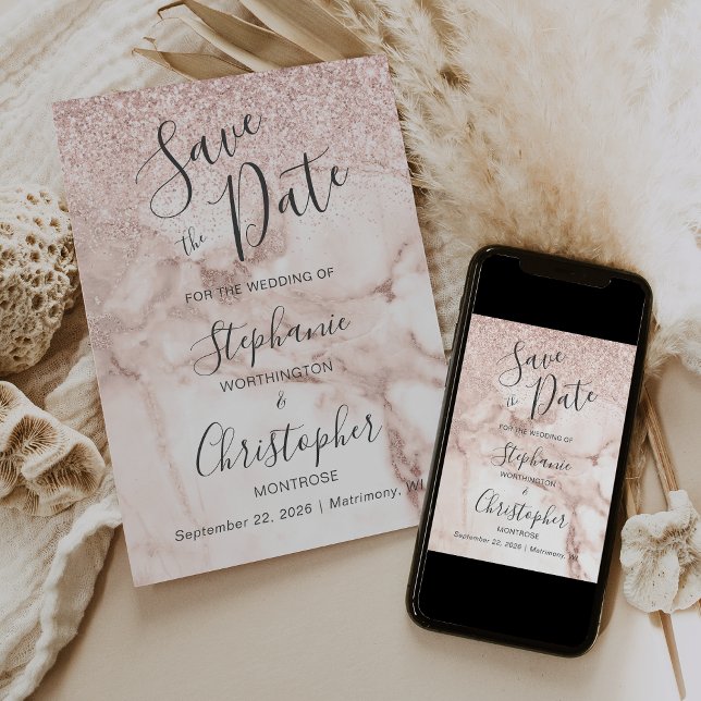 Elegant Marble Rose Gold Glitter Save the Date Invitation (Creator Uploaded)