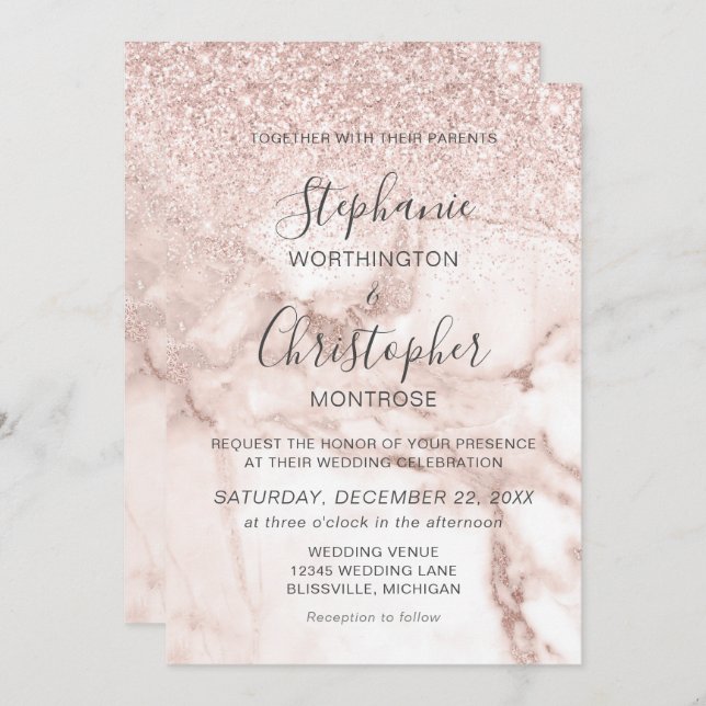 Elegant Marble Rose Gold Glitter Wedding Invitation (Front/Back)