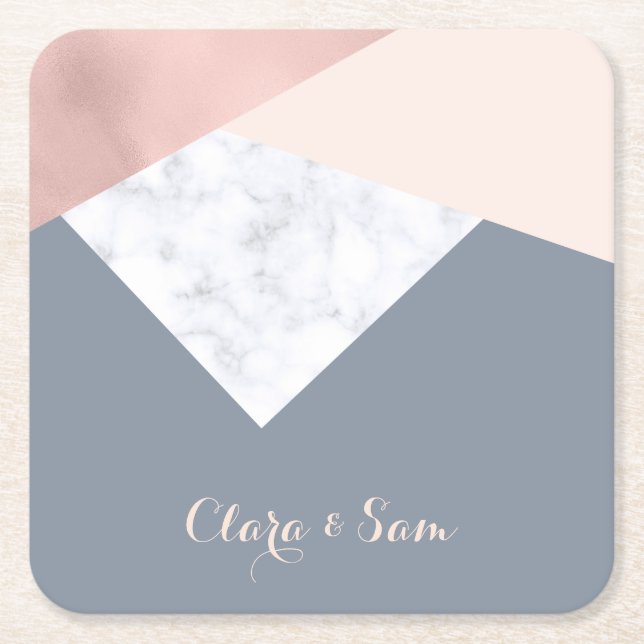 elegant marble rose gold grey beige geometric square paper coaster (Front)