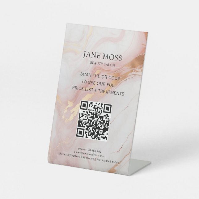 Elegant, Marble-Rose-Gold, Salon, QR-Code Pedestal Sign (Front)