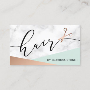 Elegant marble & rose gold scissors hairstylist  b business card