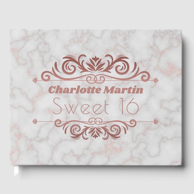 Elegant Marble Rose Gold Sweet 16 Birthday Guest Book (Front)