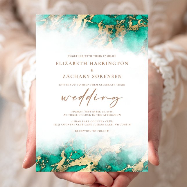 Elegant Marble Teal Green Gold Wedding Invitation (Creator Uploaded)