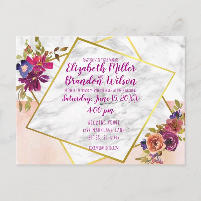 Elegant Marble Watercolor Floral Gold Wedding Postcard (Front)