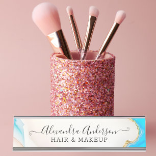 Elegant Marble White Agate Blue Gold Glitter Desk Name Plate