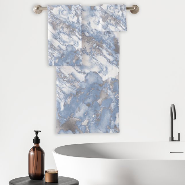 Elegant Marble White Dusty Blue Silver Faux Foil Bath Towel Set (Creator Uploaded)