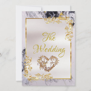 Elegant Marble, White with Gold Frame, Gold Heart Invitation