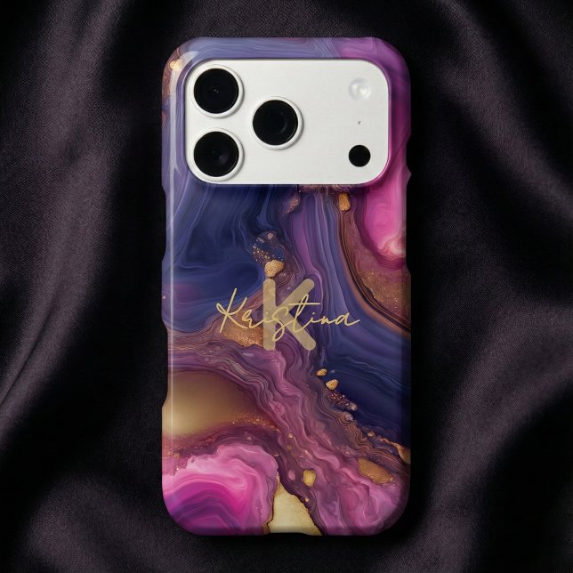 Élégant Marbre Violet & Or Agate Monogramme Nom (Créateur téléchargé)
