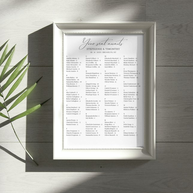 Élégant Mariage Alphabétique Poster de la carte de (Ensure your guests can easily find their seats with our alphabetically organized guest list poster.)