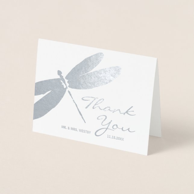 Elégant Mariage Argent Dragonfly Merci Cartes (Devant)