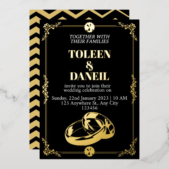 Élégant mariage Black and Gold Foil Invitation (Recto/Verso)
