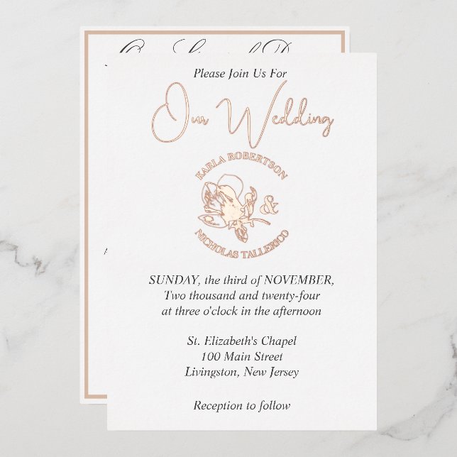 Elégant Mariage blanc Rose Gold Foil Invitation (Recto/Verso)
