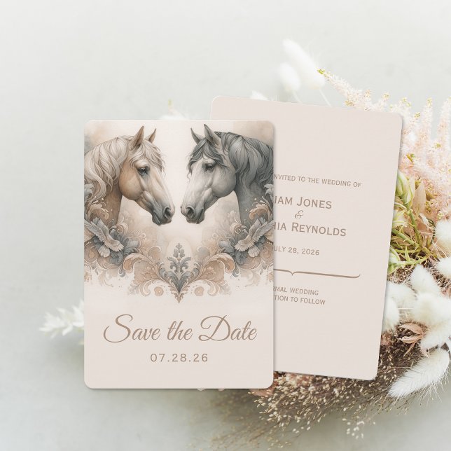 Élégant Mariage Cheval Enregistrer La Carte Date (Elegant Horses Wedding Save The Date Card (front and back))