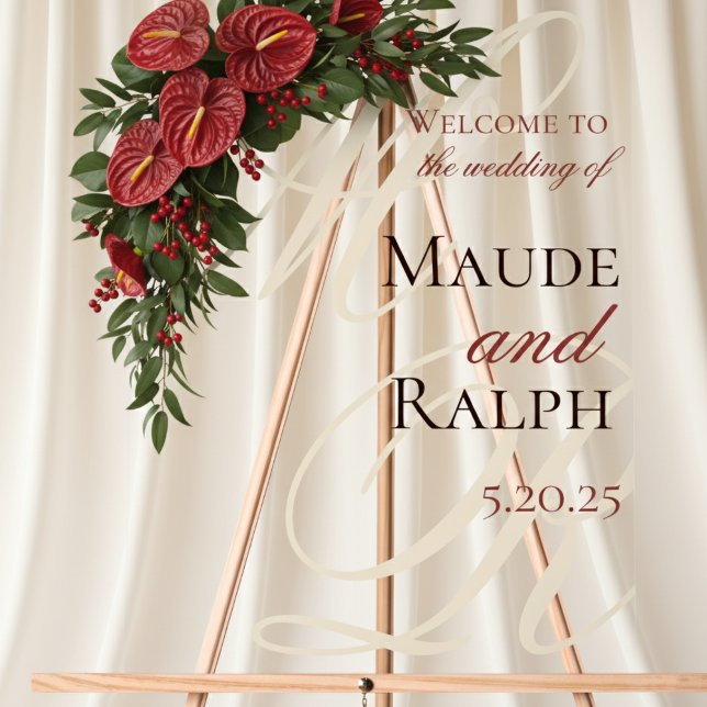 Élégant Mariage d'affichage d'entrée du Monogramme (Welcome guests in timeless style with this Old Money Bold Red Clear Acrylic Wedding Welcome Sign!)