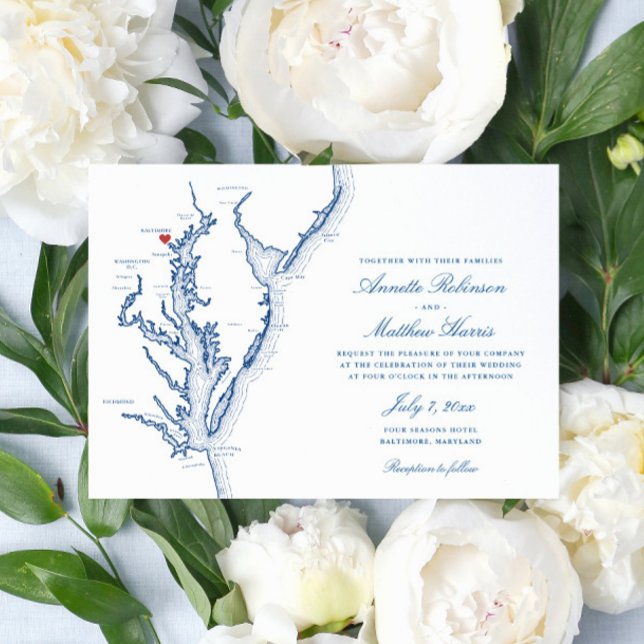 Élégant Mariage de carte Baltimore Maryland (Elegant Baltimore Maryland map wedding invitation with navy blue map of the Chesapeake Bay)