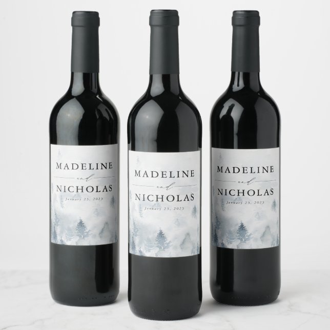 Élégant Mariage de forêt d'hiver Étiquette de vin (Bouteilles)