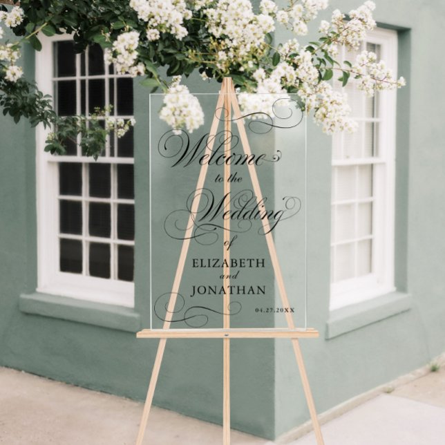 Élégant Mariage de script noir formel (Elegant Formal Black Script Wedding Welcome Acrylic Sign)