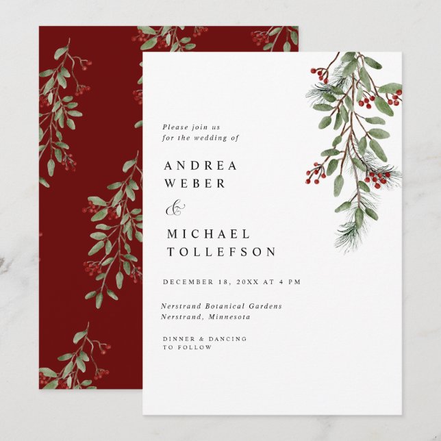 Elégant Mariage d'hiver Bourgogne Invitation de ve (Devant / Derrière)