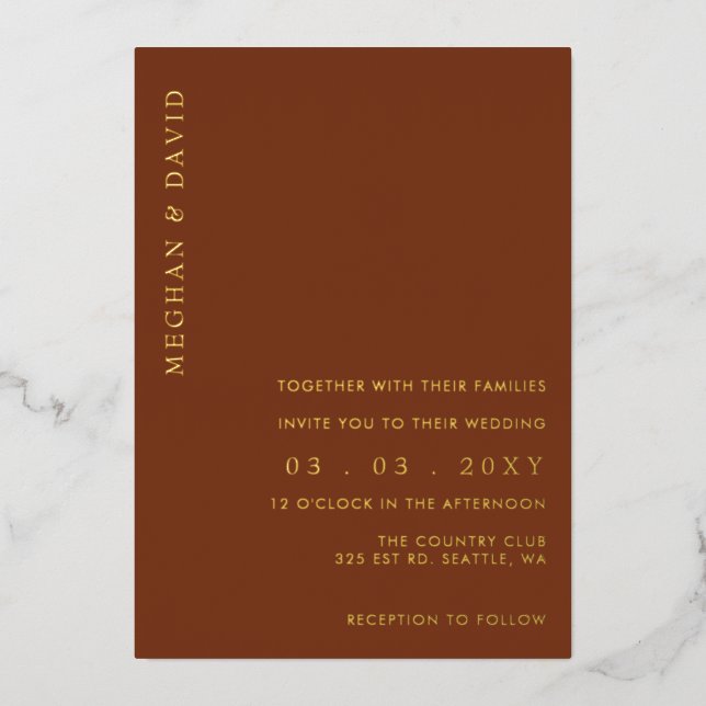 Élégant Mariage d'or de Terracotta Foil Invitation (Recto)
