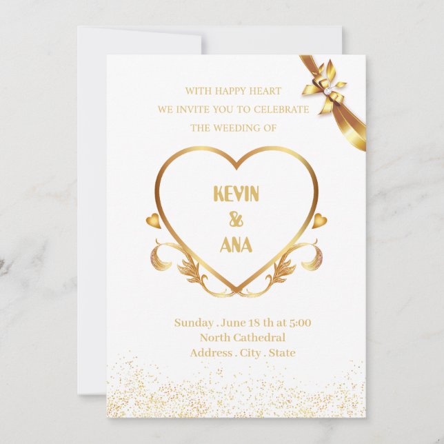 Elégant mariage d'or invitations avec coeur (Devant)