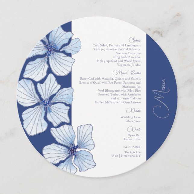Elégant Mariage Fleurs Bleues Menu circulaire (Devant)