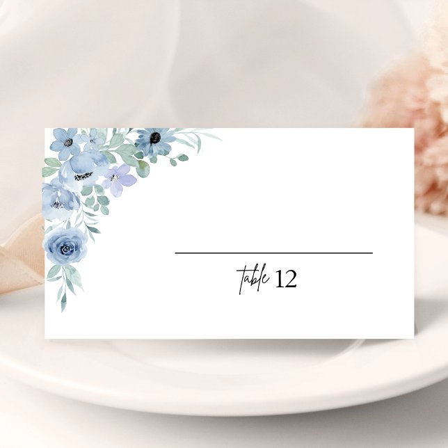 Elégant Mariage Floral Bleu Plié Carte Place (Créateur téléchargé)
