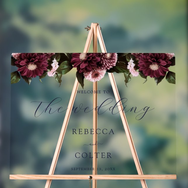 Élégant Mariage floral bordeaux bleu minuit (Neutre)