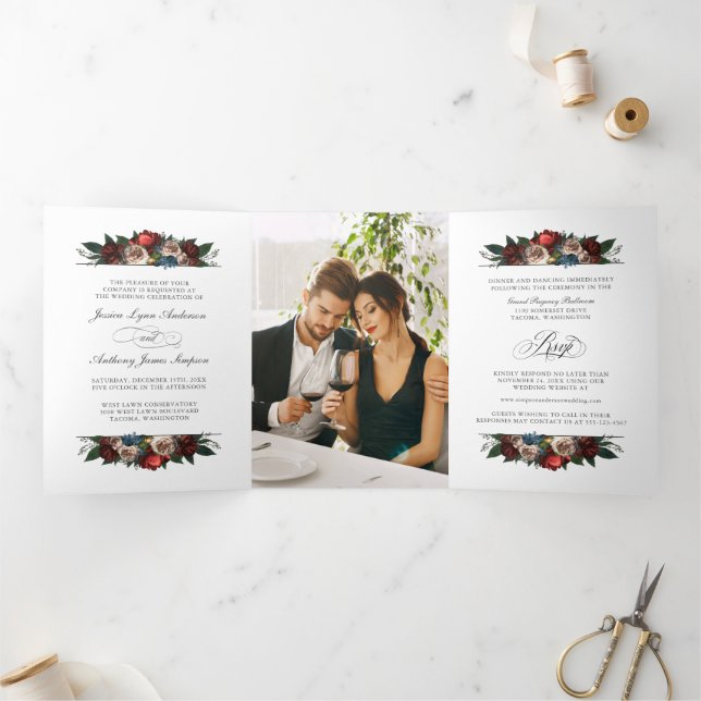 Elégant mariage floral Invitation avec photo et RS (Intérieur)