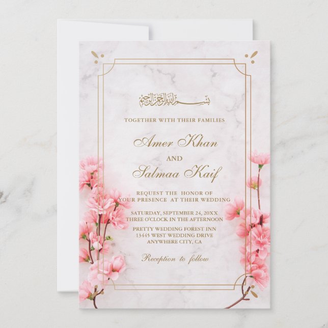 Elégant mariage floral rose Invitations (Devant)
