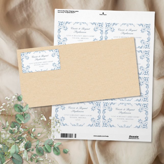 Élégant Mariage frontalier de la Chine blanche et  (elegant blue and white return address labels with decorative border and chinoiserie vintage design)