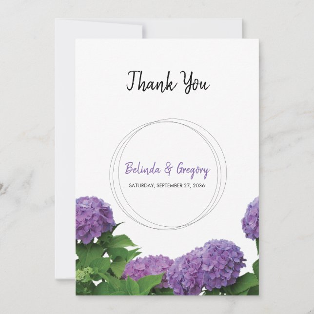Élégant Mariage Hydrangea violet Carte de remercie (Dos)
