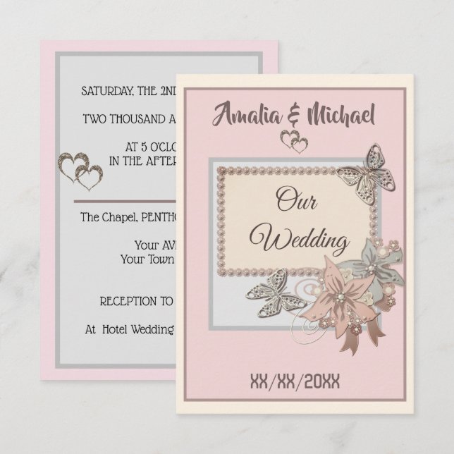 Elégant, mariage, invitation fiançailles, papillon (Devant / Derrière)