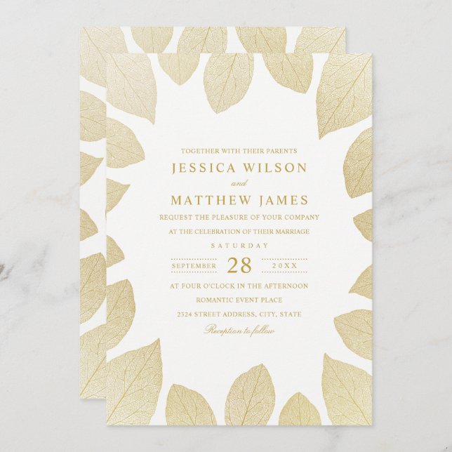 Elégant Mariage Invitations Gold Look Fall Leaves (Devant / Derrière)