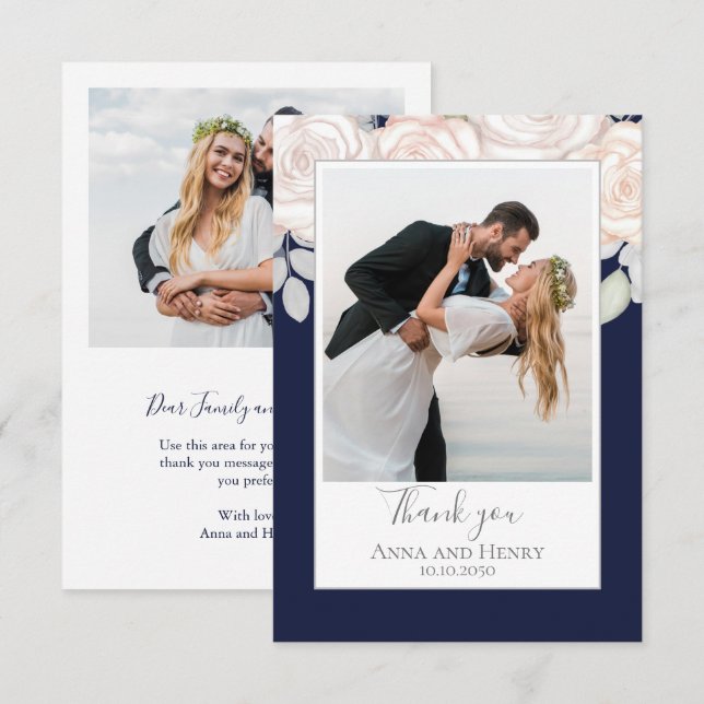 Elégant mariage Merci Floral Aquarelle Marine (Devant / Derrière)