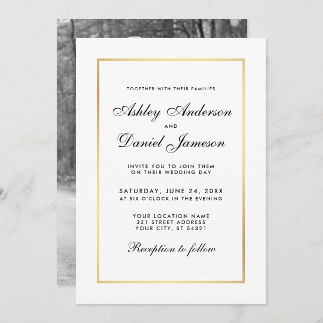 Elégant Mariage moderne Invitation - Black White P (Devant / Derrière)
