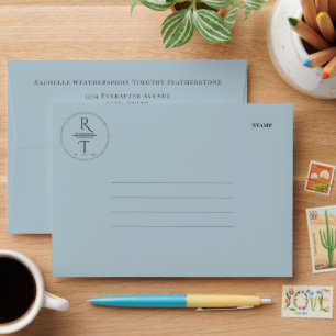 Élégant Mariage Monogram Blue Grey Enveloppe