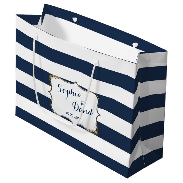 Elégant Mariage Navy Blue Stripes Sac personnalisé (Devant Angle)